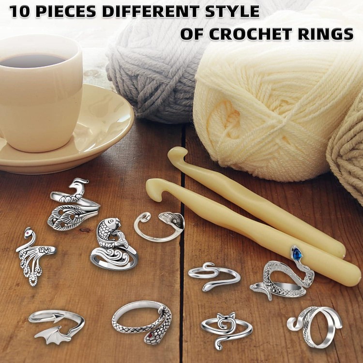 DEPAADER 10 Pcs Crochet Ring - Adjustable Crochet Ring Finger Yarn Guide Knitting Tension Rings