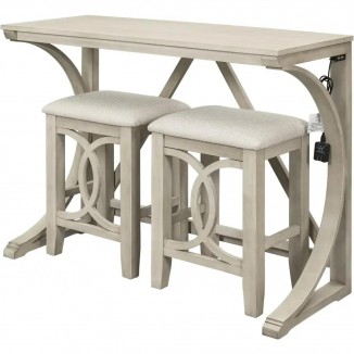 3-Piece Counter Height Dining Table Set with USB Port and Upholstered Stools,Cream Dining Room Sets