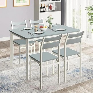 Dining Table Set for 4, Modern 5 Piece Kitchen Table and Chairs for 4, Wooden Kitchen Table with 4 Curved Backrest Chairs Dinner
