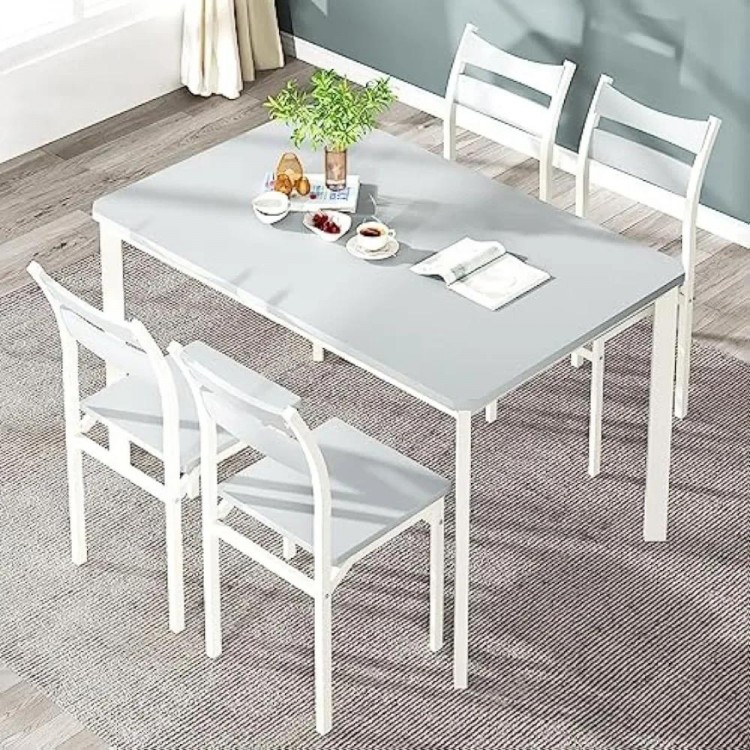 Dining Table Set for 4, Modern 5 Piece Kitchen Table and Chairs for 4, Wooden Kitchen Table with 4 Curved Backrest Chairs Dinner