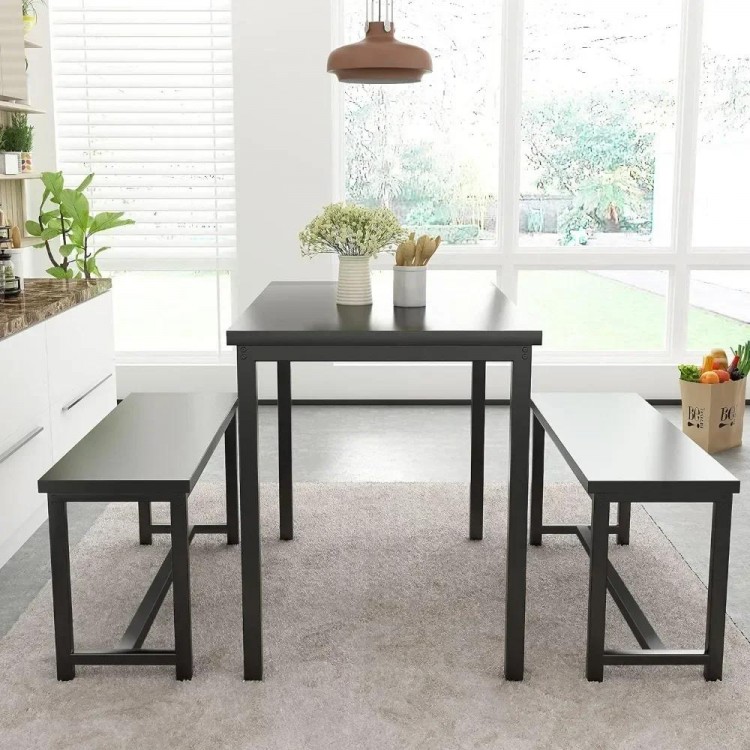 Dining Room Table Set,Kitchen Tables Set with 2 Benches,Breakfast of 47.2x28.7x28.7 inches,Benches of 41.3x11.8x17.7inches,Black