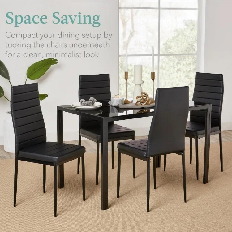 5-Piece Glass Dining Set, Modern Table for Dining Room, Dinette, Compact Space-Saving w/Glass Tabletop, 4 Upholstered PU Chairs