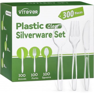 300 Count Heavy Duty Clear Plastic Silverware, 100 Plastic Forks, 100