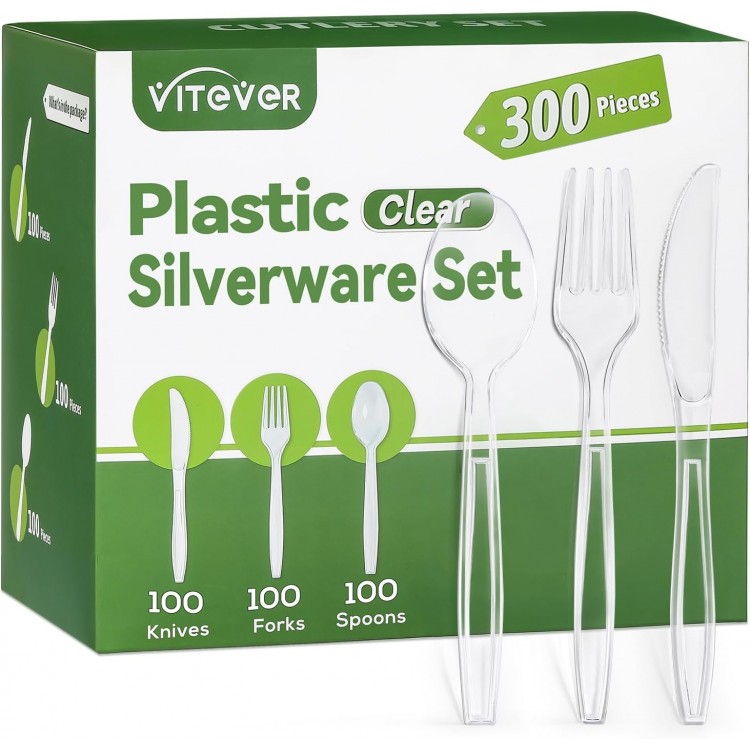 300 Count Heavy Duty Clear Plastic Silverware, 100 Plastic Forks, 100