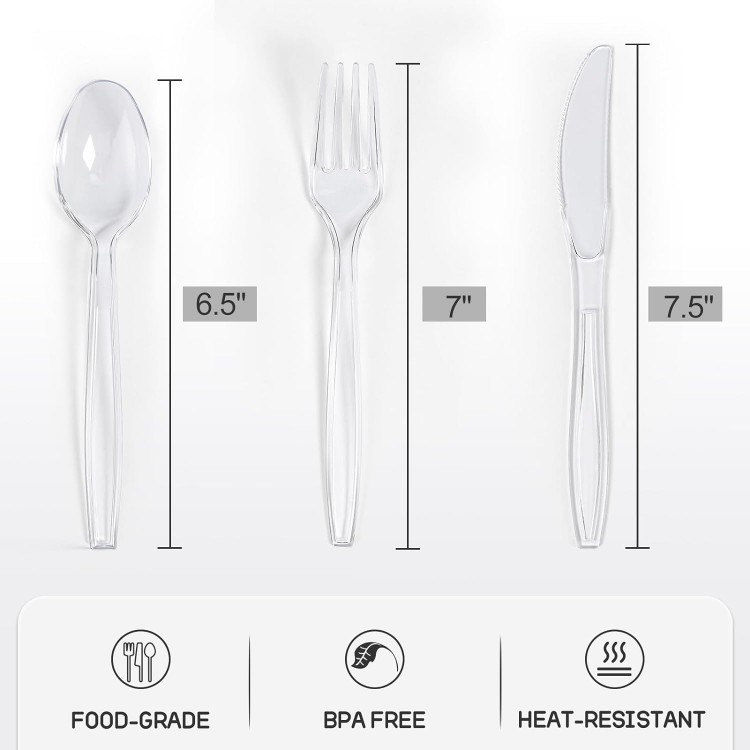 300 Count Heavy Duty Clear Plastic Silverware, 100 Plastic Forks, 100