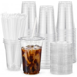 VITEVER [100 Sets - 16oz] Plastic Cups with Lids and Straws, Disposabl