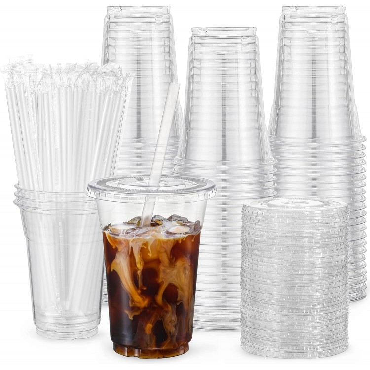 VITEVER [100 Sets - 16oz] Plastic Cups with Lids and Straws, Disposabl