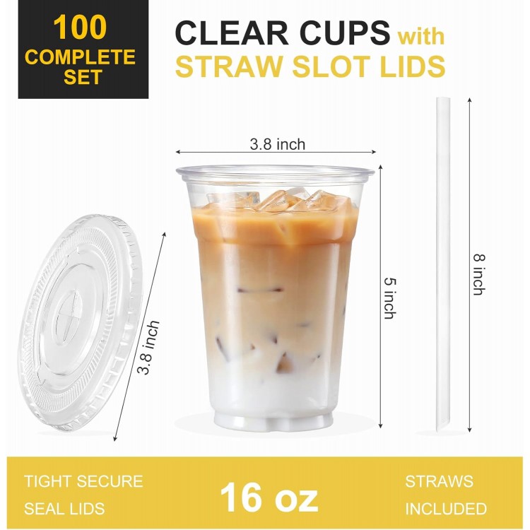 VITEVER [100 Sets - 16oz] Plastic Cups with Lids and Straws, Disposabl