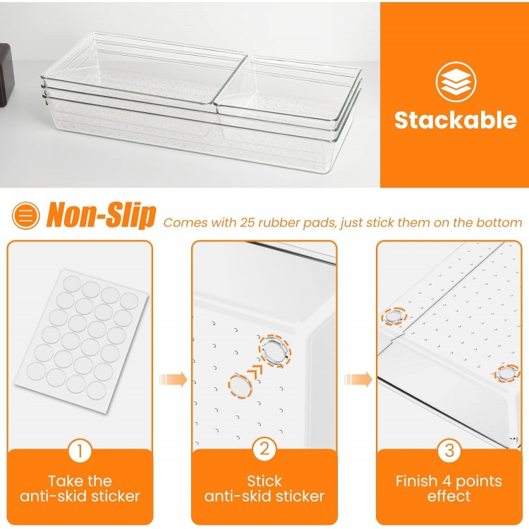 6 Pack Clear Plastic Drawer Organizer Set, Acrylic Non Slip Non Cracki