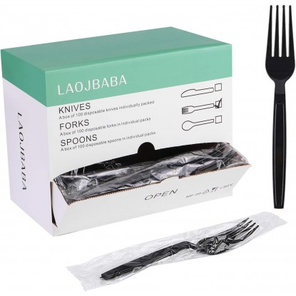 Plastic Fork Disposable Individually Wrapped/Packaged Black 7-Inch Com