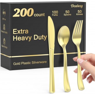 200 Count Heavy Duty Gold Plastic Silverware, 100 Forks, 50 Spoons, 50