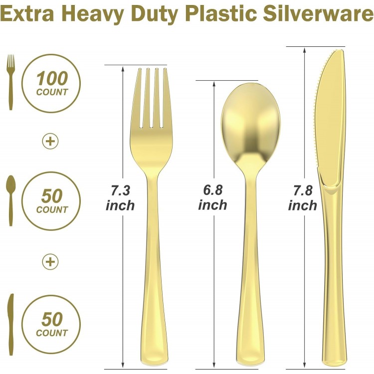 200 Count Heavy Duty Gold Plastic Silverware, 100 Forks, 50 Spoons, 50