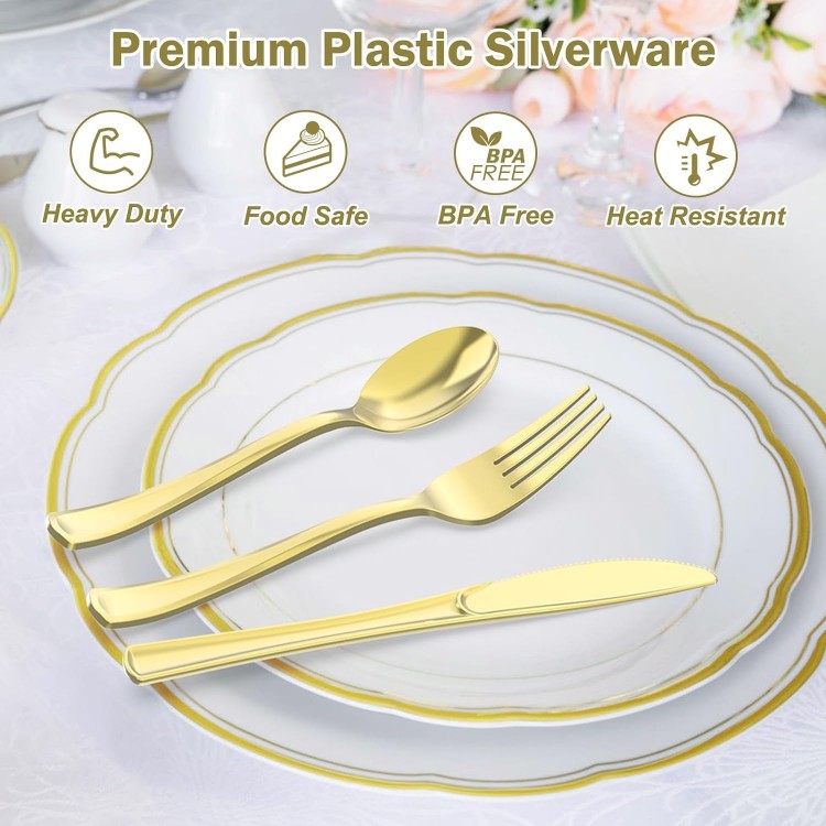 200 Count Heavy Duty Gold Plastic Silverware, 100 Forks, 50 Spoons, 50