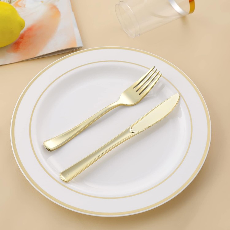 N9R 50PCS Gold Plastic Forks, Solid, Durable and Heavy Duty Plastic Fo