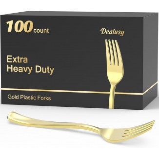 100 Count Heavy Duty Gold Plastic Forks Disposable, BPA-Free, Heat Res