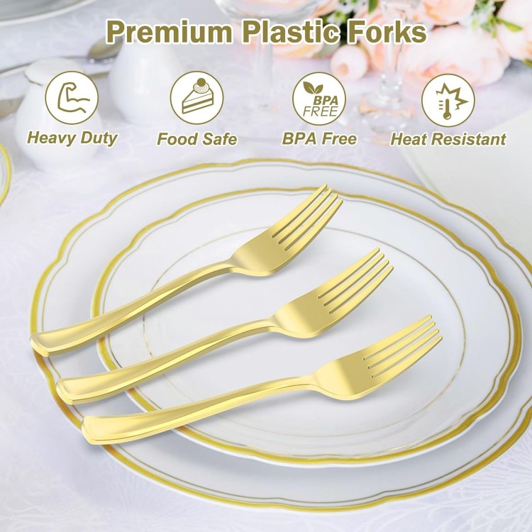 100 Count Heavy Duty Gold Plastic Forks Disposable, BPA-Free, Heat Res