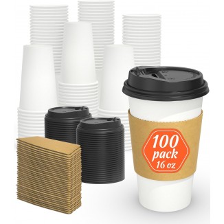 100 Pack 16 oz Disposable Coffee Cups with Lids and Sleeves, Sturdy Th