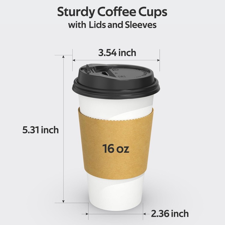 100 Pack 16 oz Disposable Coffee Cups with Lids and Sleeves, Sturdy Th