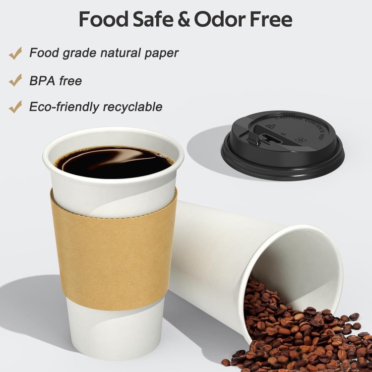 100 Pack 16 oz Disposable Coffee Cups with Lids and Sleeves, Sturdy Th