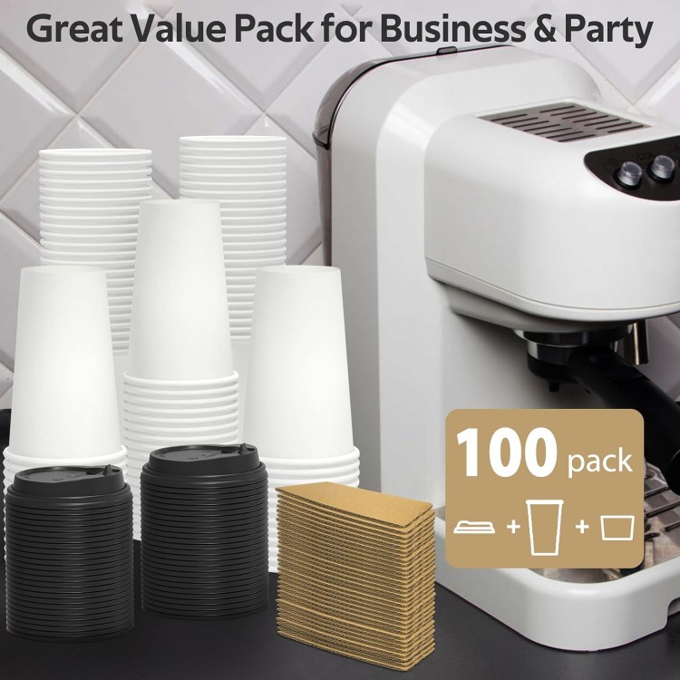 100 Pack 16 oz Disposable Coffee Cups with Lids and Sleeves, Sturdy Th