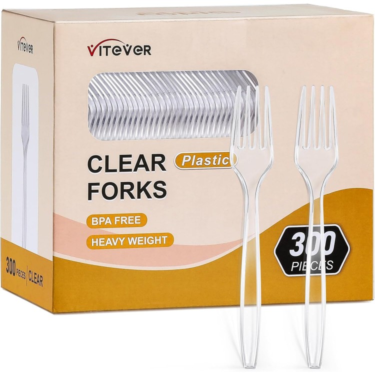 [300 Count] Clear Heavy Duty Plastic Forks, Heavyweight Disposable For