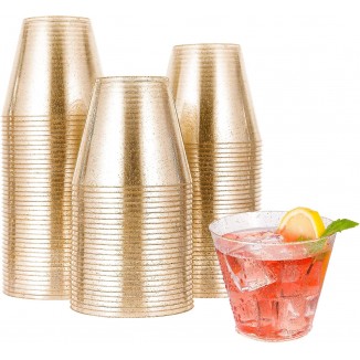 JOLLY CHEF 100 Pack 9 oz Gold Plastic Cups, Disposable Gold Glitter Pl