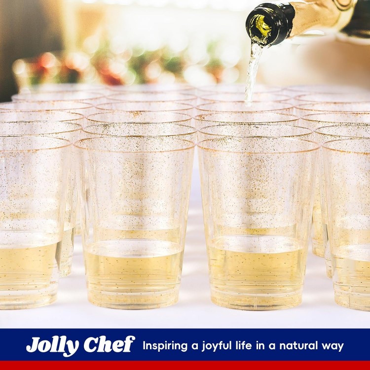 JOLLY CHEF 100 Pack 9 oz Gold Plastic Cups, Disposable Gold Glitter Pl