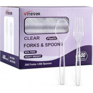 [400 Count] Clear Plastic Forks and Spoons Set Bulk - Heavy Duty Dispo