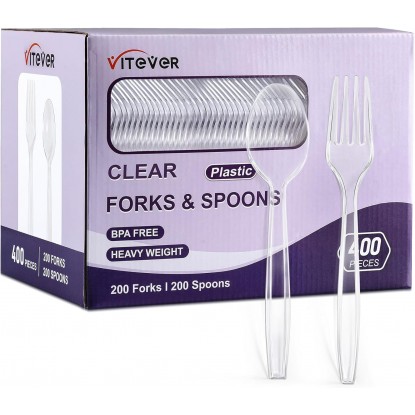 [400 Count] Clear Plastic Forks and Spoons Set Bulk - Heavy Duty Dispo