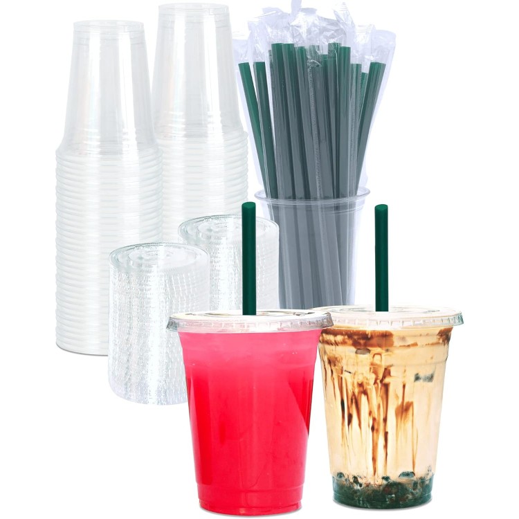 16 oz Clear Plastic Cups with Lids and STRAWS, Disposable Drinking Cup