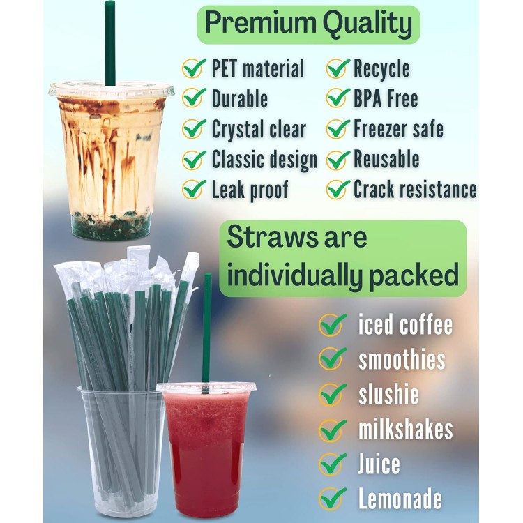 16 oz Clear Plastic Cups with Lids and STRAWS, Disposable Drinking Cup