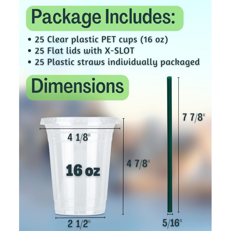 16 oz Clear Plastic Cups with Lids and STRAWS, Disposable Drinking Cup