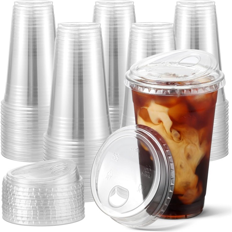 AOZITA 16 oz. - 100 Sets Crystal Clear Plastic Cups With Strawless Sip