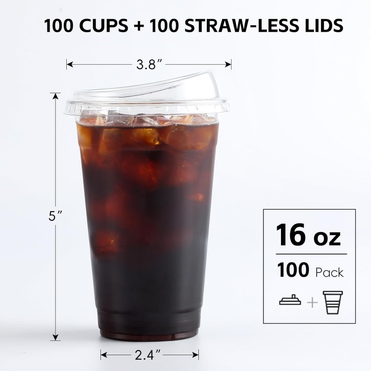 AOZITA 16 oz. - 100 Sets Crystal Clear Plastic Cups With Strawless Sip