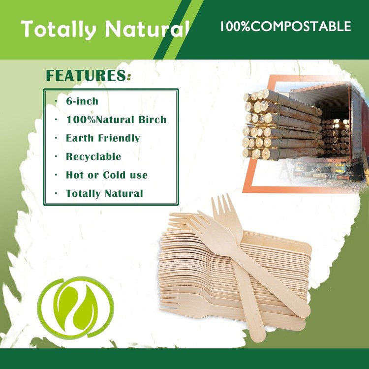 Disposable Wooden Forks -Pack of 100, 6.5 Length-Biodegradable, Natura