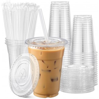 AOZITA [100 Sets] 16 oz Clear Plastic Cups With Lids and Straws, Dispo