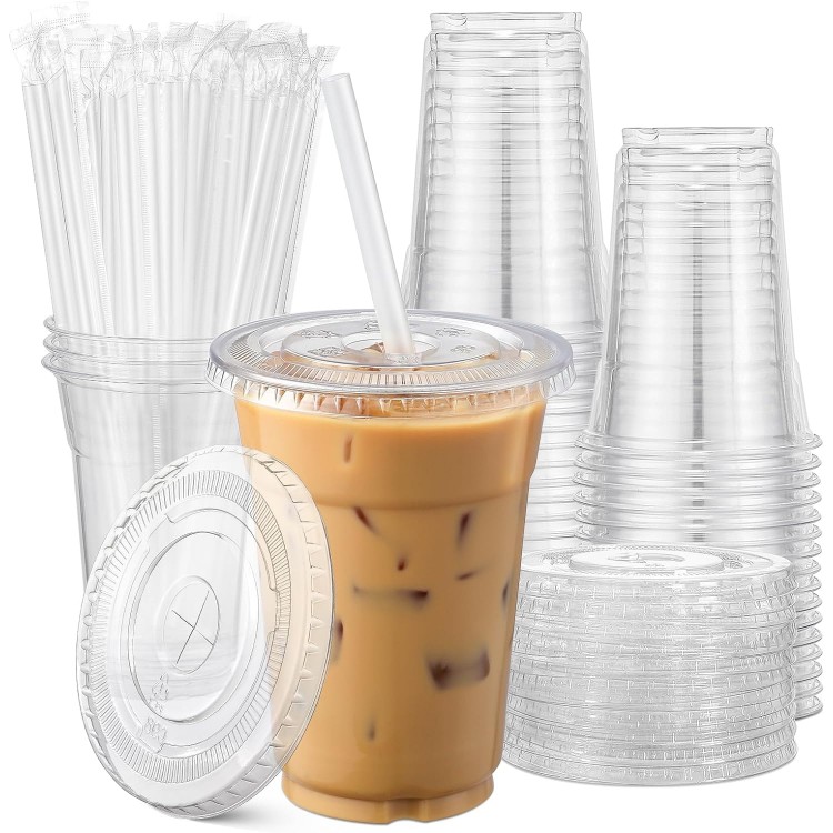 AOZITA [100 Sets] 16 oz Clear Plastic Cups With Lids and Straws, Dispo