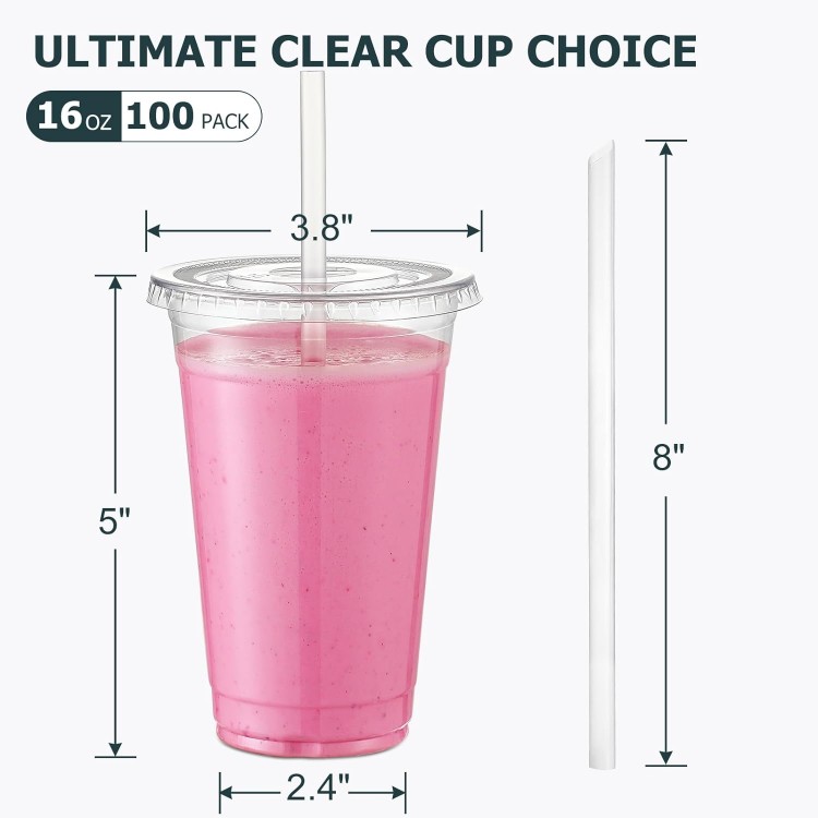 AOZITA [100 Sets] 16 oz Clear Plastic Cups With Lids and Straws, Dispo