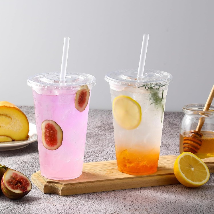 AOZITA [100 Sets] 16 oz Clear Plastic Cups With Lids and Straws, Dispo