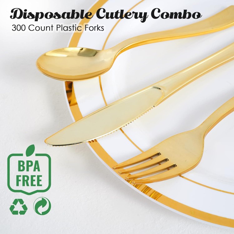 FOCUSLINE 300 Pack Disposable Gold Plastic Forks, Solid and Durable Pl