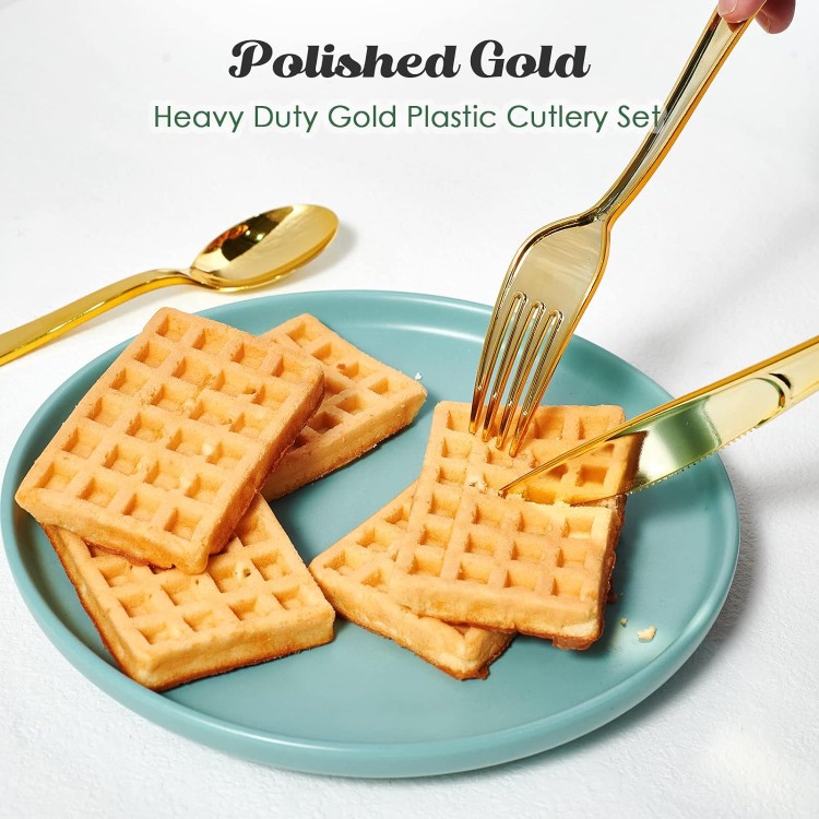 FOCUSLINE 300 Pack Disposable Gold Plastic Forks, Solid and Durable Pl