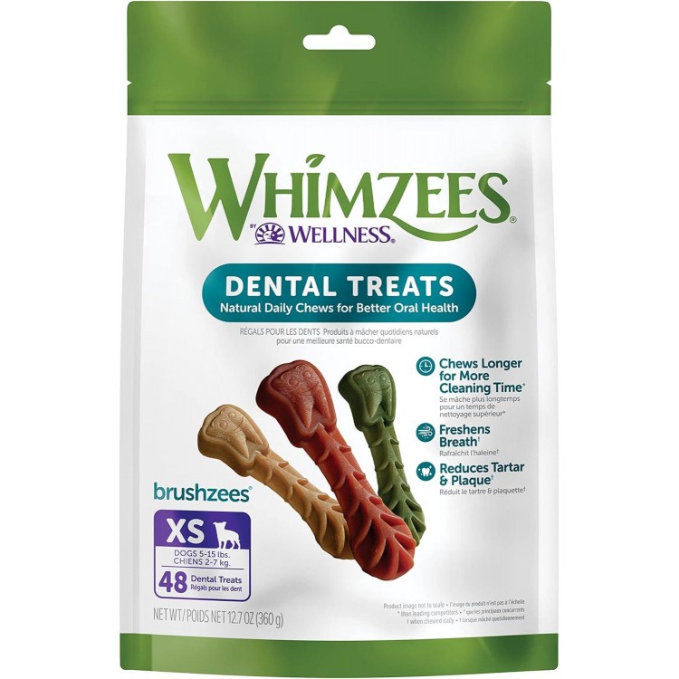 WHIMZEES by Wellness Brushing Dental Chews For Dogs, Grain-Free, Long Lasting Treats, Freshens Breath Extra Small Breed, 48 Count