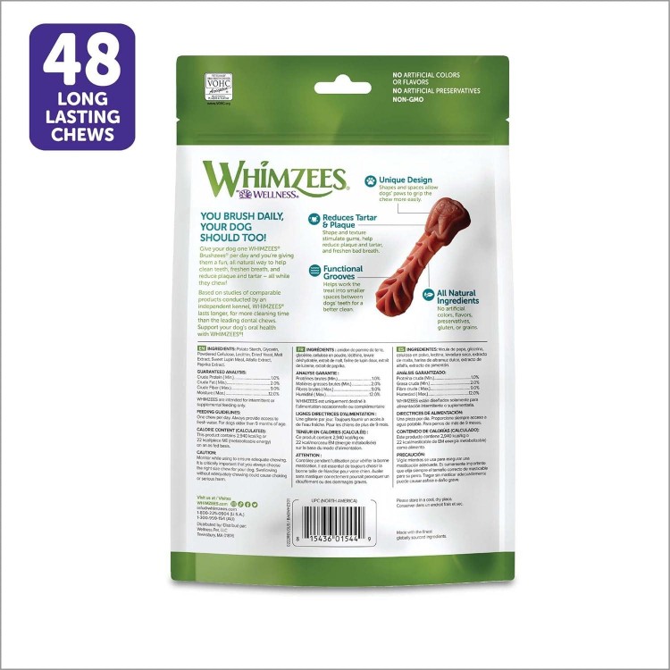 WHIMZEES by Wellness Brushing Dental Chews For Dogs, Grain-Free, Long Lasting Treats, Freshens Breath Extra Small Breed, 48 Count