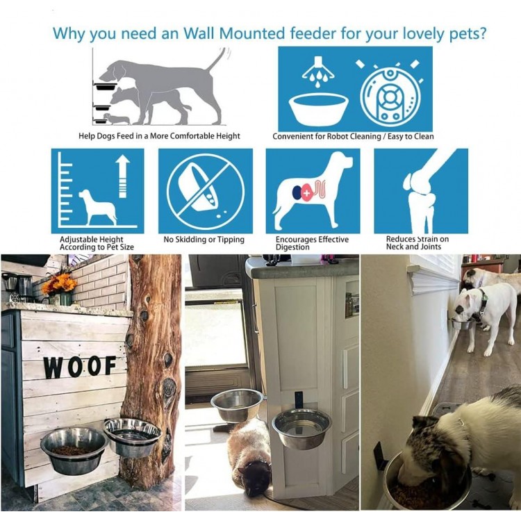 Wall Mounted Dog Feeder,Raised Dog Food and Water Bowls, Metal, Foldable,90° Swing, Rust Resistant, Easy to Clean, Recommended by Veterinarians