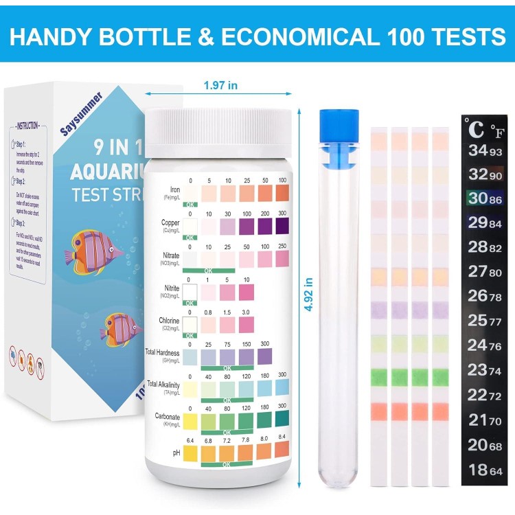 9 in 1 Aquarium Test Strips, 100 Strips Aquarium Test Kits for Freshwater Saltwater, Aquarium Water Test Kit, Pond Fish Tank Test Strips Testing Iron, Copper, Nitrite, Nitrate, pH, Carbonate and More