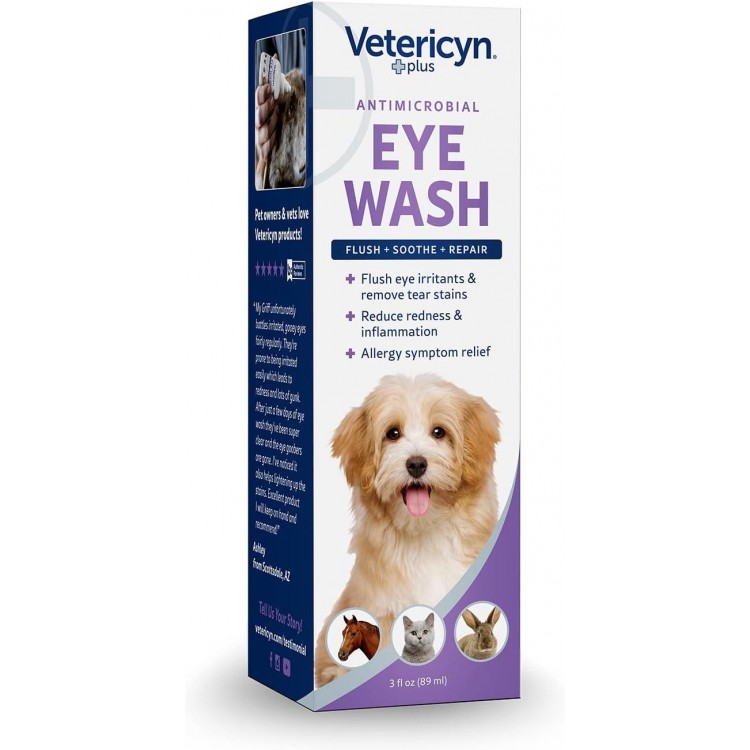 Vetericyn Plus Dog and Cat Eye Wash | Eye Drops for Dogs and Cats to Flush and Soothe Eye Irritations, Dog Tear Stain Cleaner, Safe for All Animals. 3 ounces