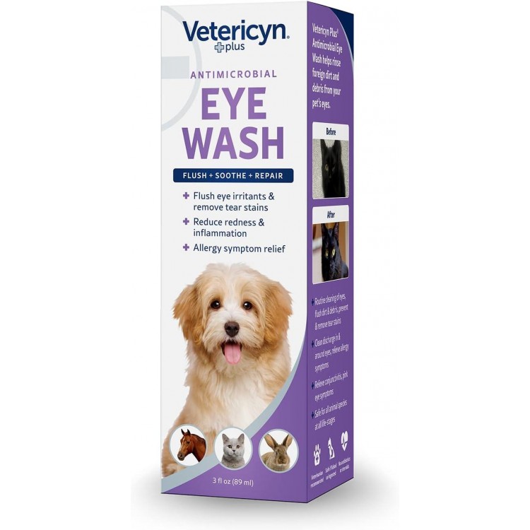 Vetericyn Plus Dog and Cat Eye Wash | Eye Drops for Dogs and Cats to Flush and Soothe Eye Irritations, Dog Tear Stain Cleaner, Safe for All Animals. 3 ounces