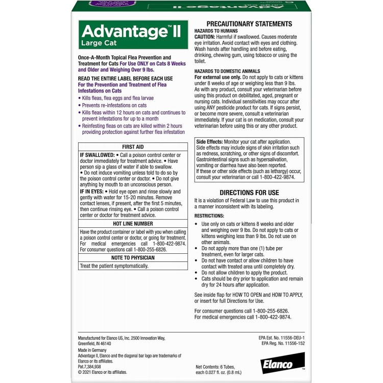 Advantage II Large Cat Vet-Recommended Flea Treatment & Prevention | Cats Over 9 lbs. | 6-Month Supply