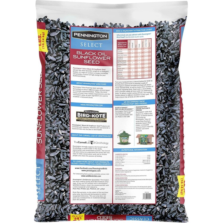 Pennington Select Black Oil Sunflower Seed Wild Bird Feed, 40 lbs