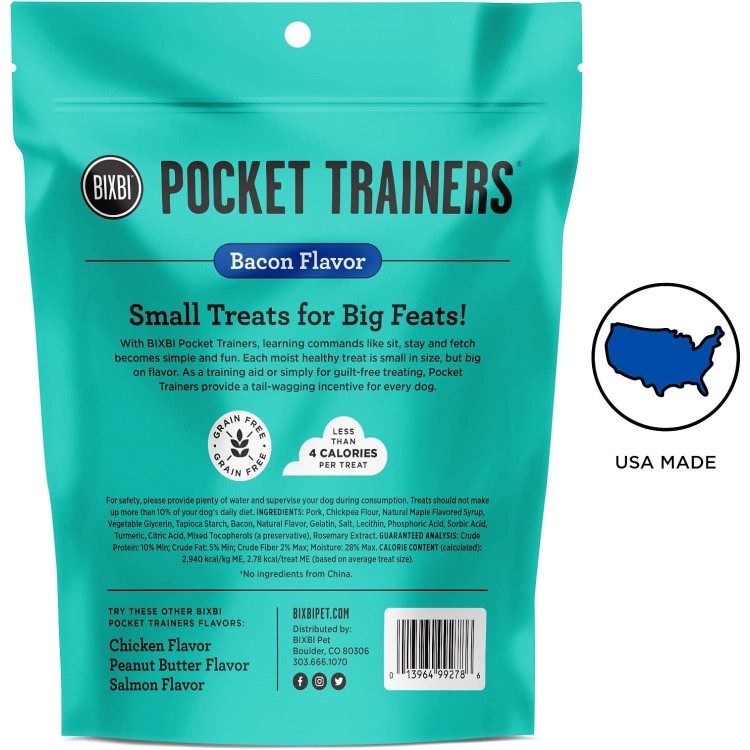 BIXBI Pocket Trainers, Bacon (6 oz, 1 Pouch) - Small Training Treats for Dogs - Low Calorie and Grain Free Dog Treats, Flavorful Pocket Size Healthy and All Natural Dog Treats